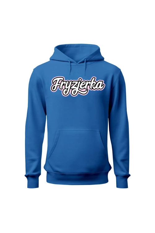 Bluza damska z kapturem Fryzjerka napis - niebieska