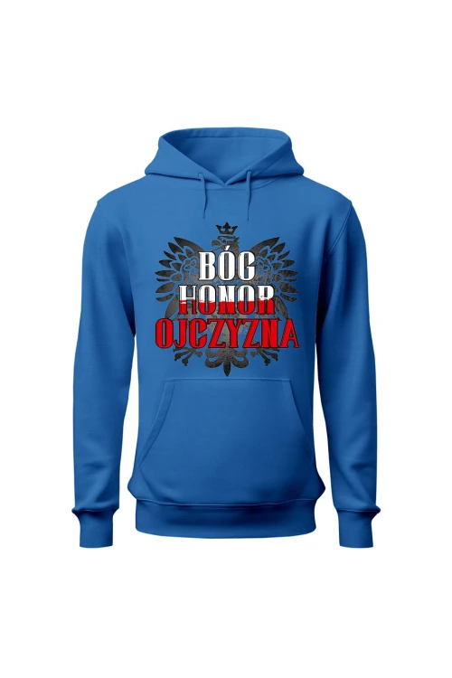 Bluza damska z  kapturem Bóg Honor Ojczyzna - niebieska