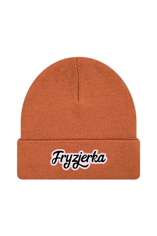 Czapka zimowa Fryzjerka napis - pomarańczowa