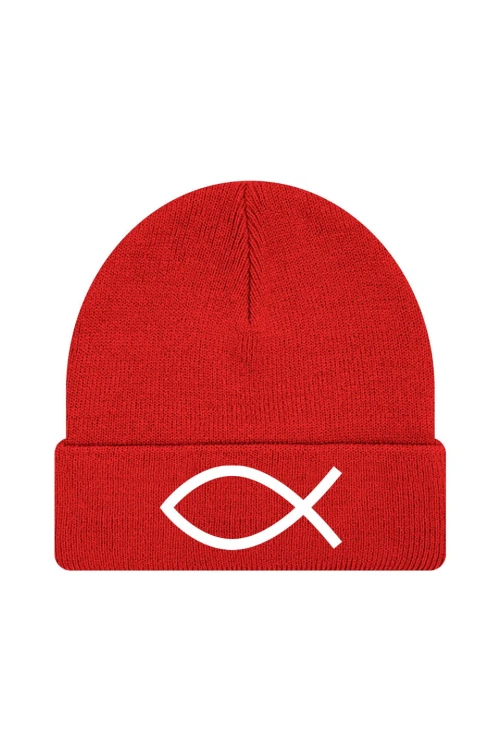 Czapka zimowa Symbol Ryby chrześcijański - czerwona