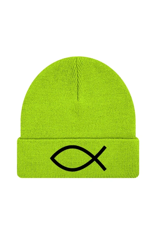 Czapka zimowa Symbol Ryby chrześcijański - limonka