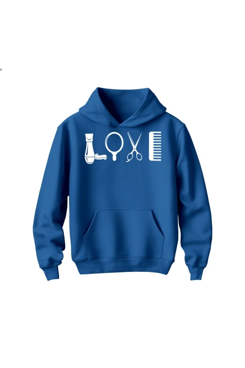 Bluza dziecięca z kapturem Love Fryzjerstwo - niebieska