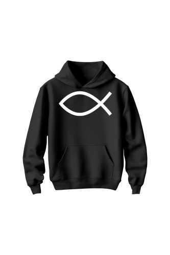 Bluza dziecięca z kapturem Symbol Ryby chrześcijański - czarna