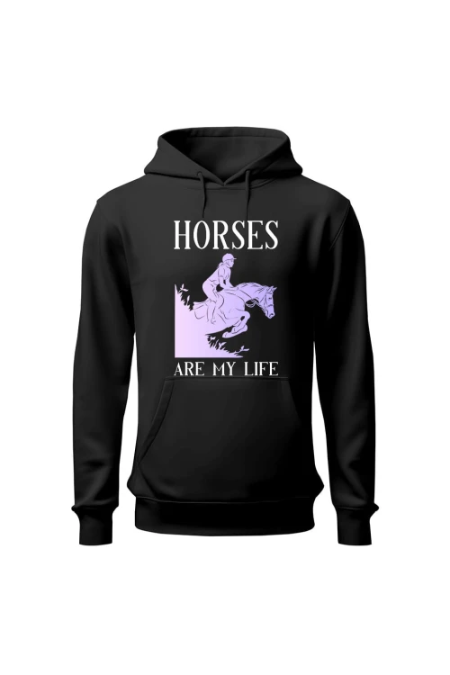 Bluza damska z kapturem Horses Are My Life - czarna