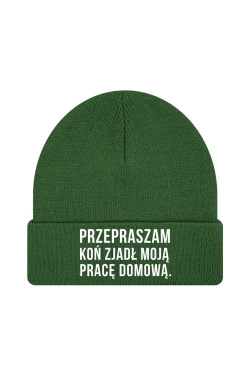 Czapka zimowa Przepraszam koń zjadł moją pracę domową - ciemnozielona