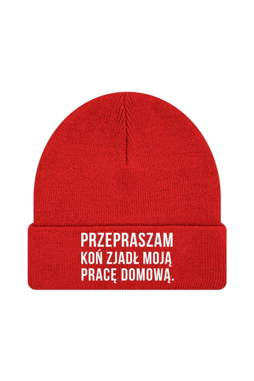 Czapka zimowa Przepraszam koń zjadł moją pracę domową - czerwona