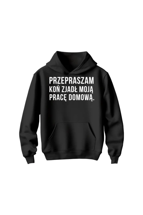 Bluza dziecięca z kapturem Przepraszam koń zjadł moją pracę domową - czarna