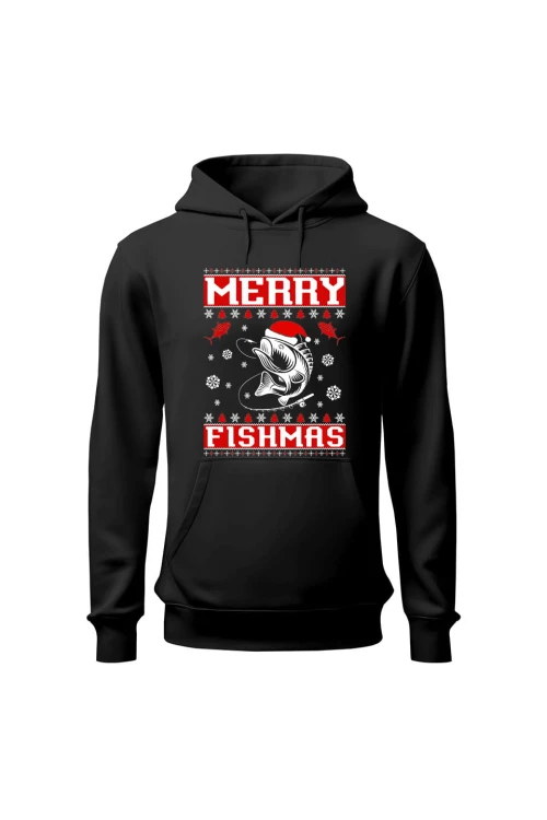 Bluza męska z kapturem Merry Fishmas - czarna