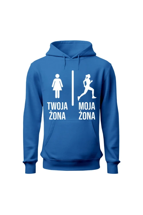 Bluza męska z kapturem Twoja żona vs Moja żona Bieganie - niebieska