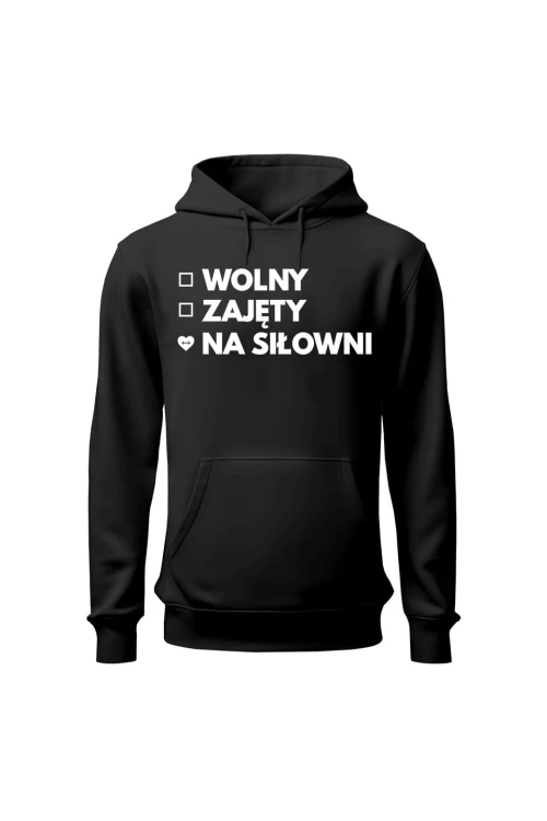 Bluza męska z kapturem Wolny Zajęty Na siłowni - czarna
