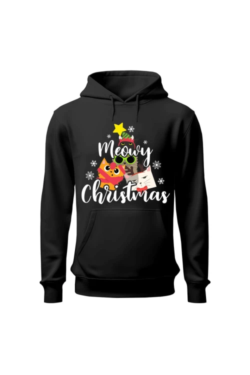 Bluza męska z kapturem Meowy Christmas - czarna