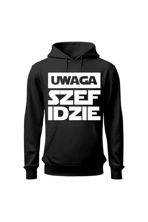 Bluza męska z kapturem Uwaga szef idzie - czarna