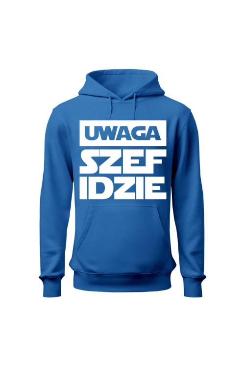 Bluza męska z kapturem Uwaga szef idzie - niebieska