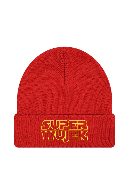 Czapka zimowa Super wujek żółty napis - czerwona