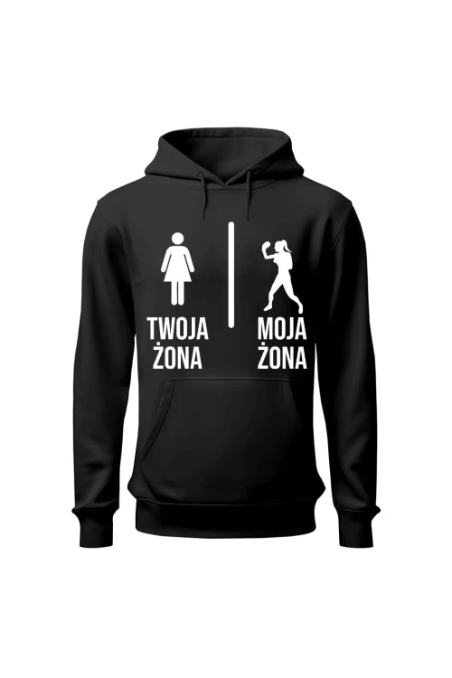 Bluza męska z kapturem Twoja żona vs Moja żona boks - czarna