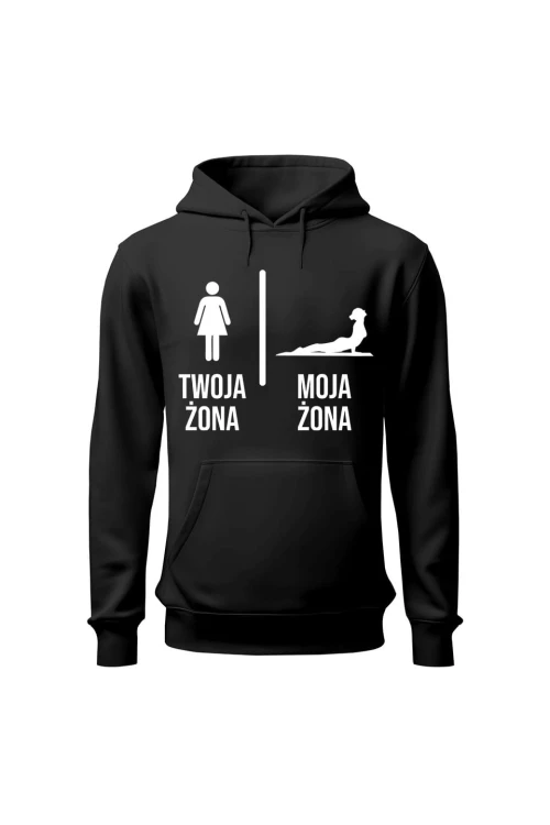 Bluza męska z kapturem Twoja żona vs Moja żona joga - czarna