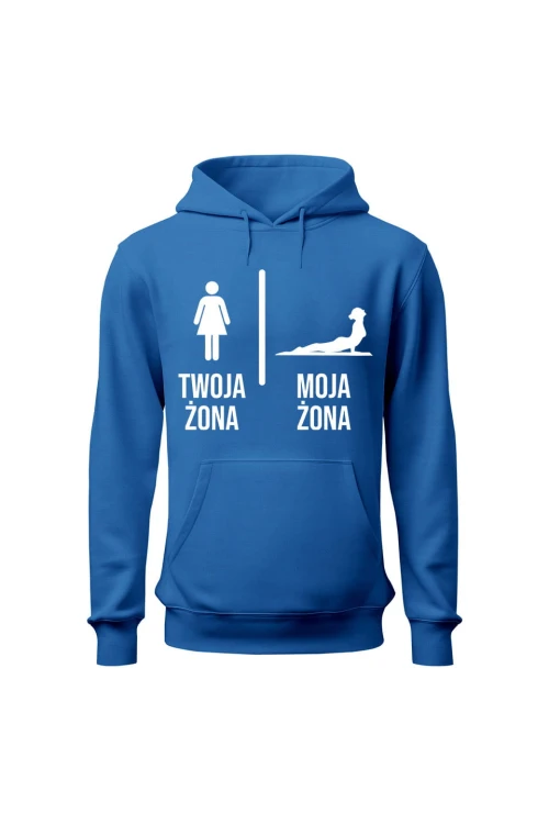 Bluza męska z kapturem Twoja żona vs Moja żona joga - niebieska