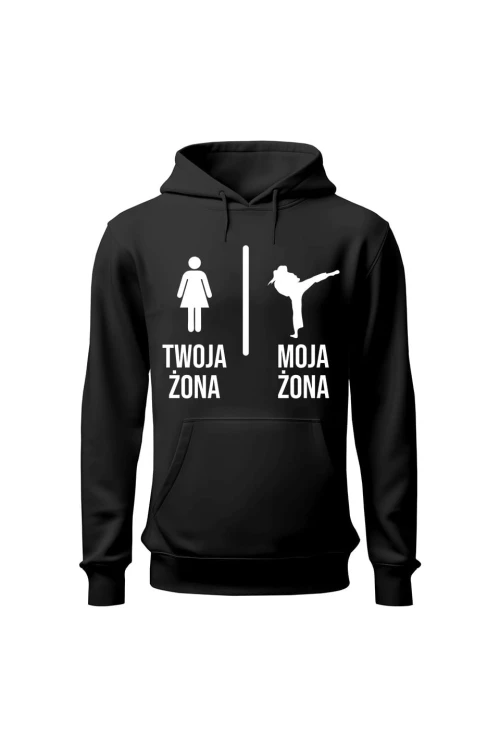 Bluza męska z kapturem Twoja żona vs Moja żona judo - czarna