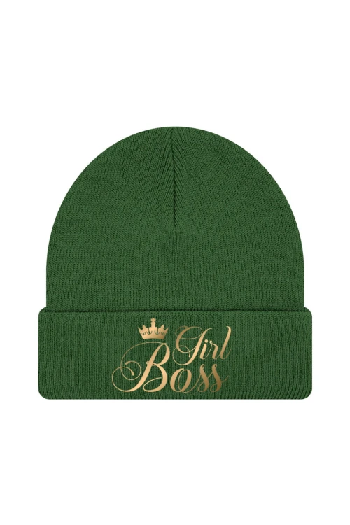 Czapka zimowa Girl Boss złoty nadruk - ciemnozielona
