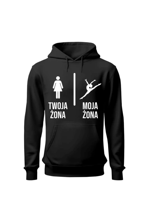 Bluza męska z kapturem Twoja żona vs Moja żona gimnastyka - czarna