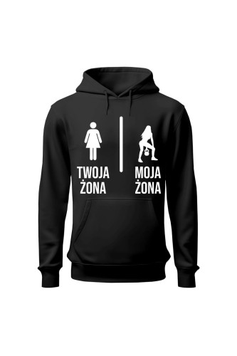 Bluza męska z kapturem Twoja żona vs Moja żona kettlebells - czarna