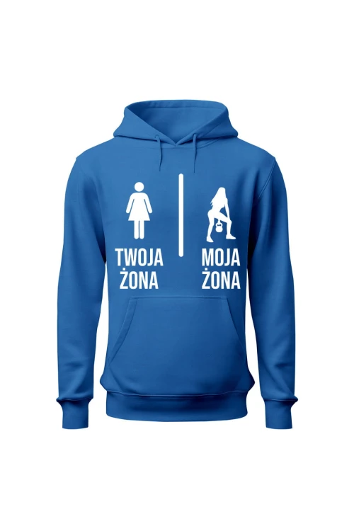 Bluza męska z kapturem Twoja żona vs Moja żona kettlebells - niebieska
