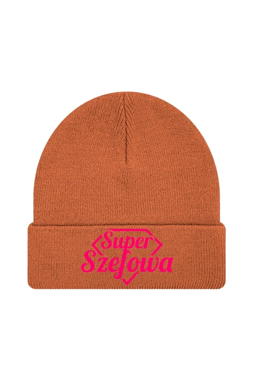 Czapka zimowa Super Szefowa różowy nadruk - pomarańczowa