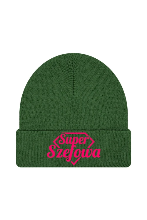 Czapka zimowa Super Szefowa różowy nadruk - ciemnozielona