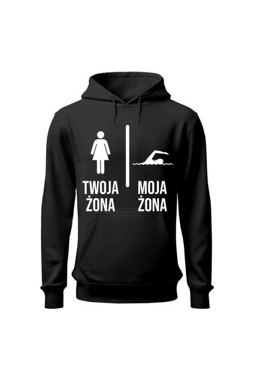 Bluza męska z kapturem Twoja żona vs Moja żona pływanie - czarna