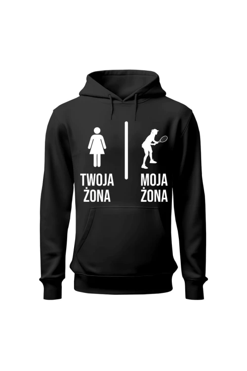 Bluza męska z kapturem Twoja żona vs Moja żona tenis - czarna