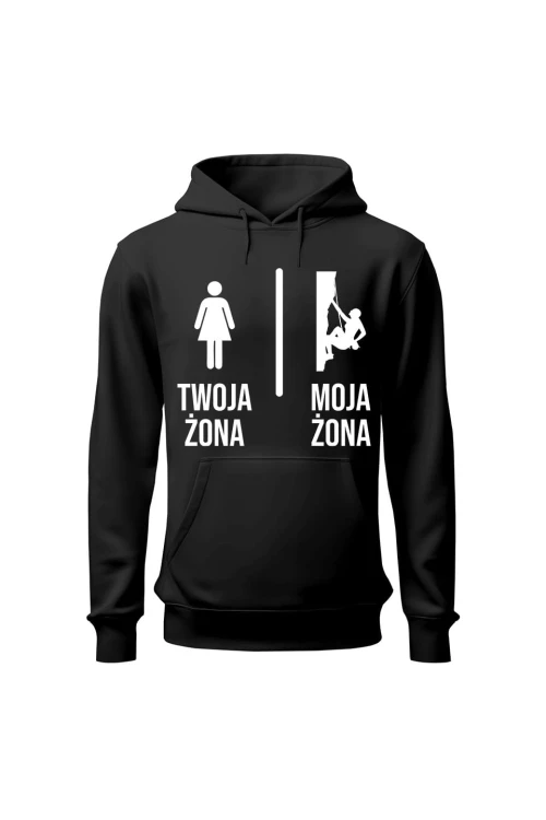 Bluza męska z kapturem Twoja żona vs Moja żona wspinaczka - czarna