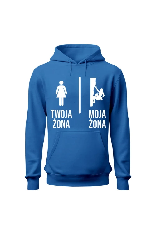 Bluza męska z kapturem Twoja żona vs Moja żona wspinaczka - niebieska