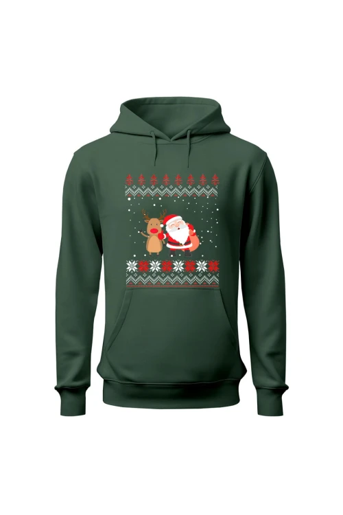 Bluza damska z kapturem Mikołaj z reniferem - zielona