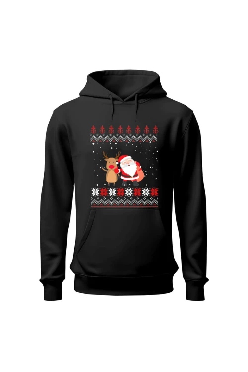 Bluza damska z kapturem Mikołaj z reniferem - czarna