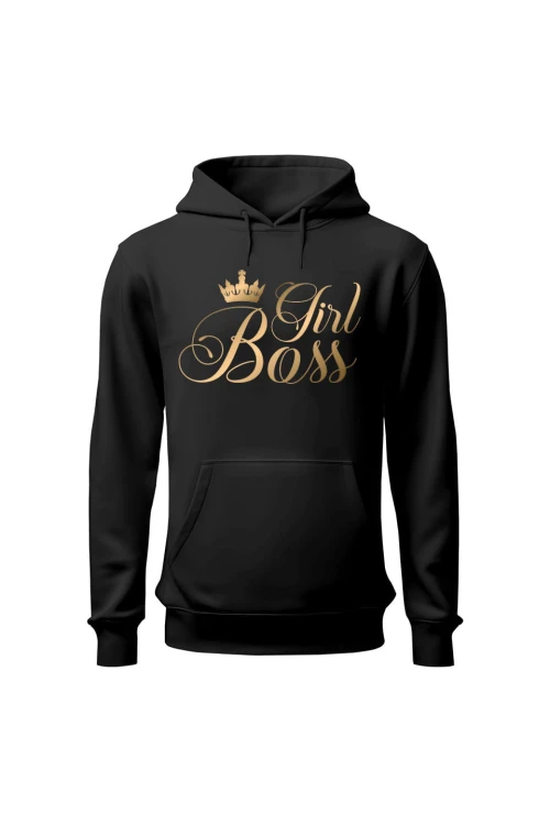 Bluza damska z kapturem Girl Boss złoty nadruk - czarna