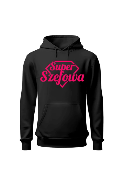 Bluza damska z kapturem Super Szefowa różowy nadruk - czarna