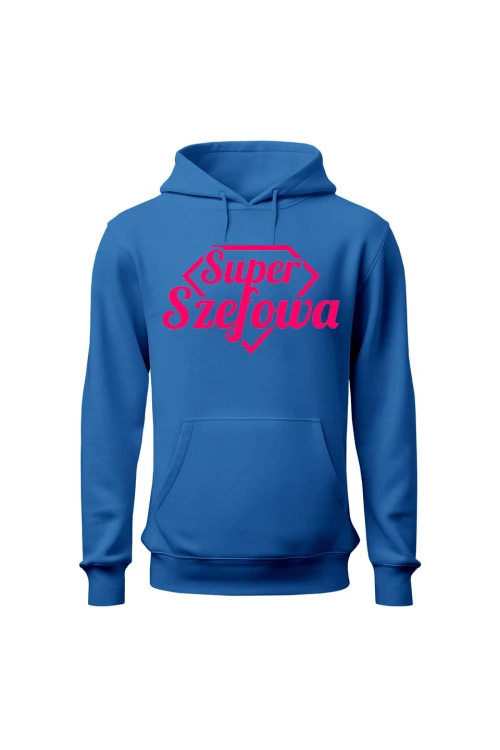 Bluza damska z kapturem Super Szefowa różowy nadruk - niebieska