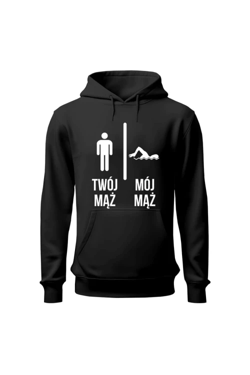 Bluza damska z kapturem Twój mąż vs Mój mąż pływanie - czarna