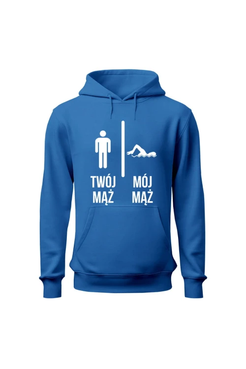Bluza damska z kapturem Twój mąż vs Mój mąż pływanie - niebieska