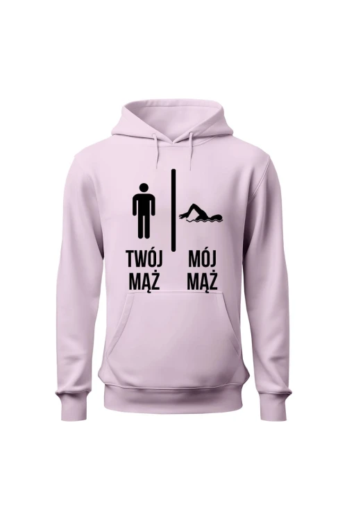 Bluza damska z kapturem Twój mąż vs Mój mąż pływanie - różowa