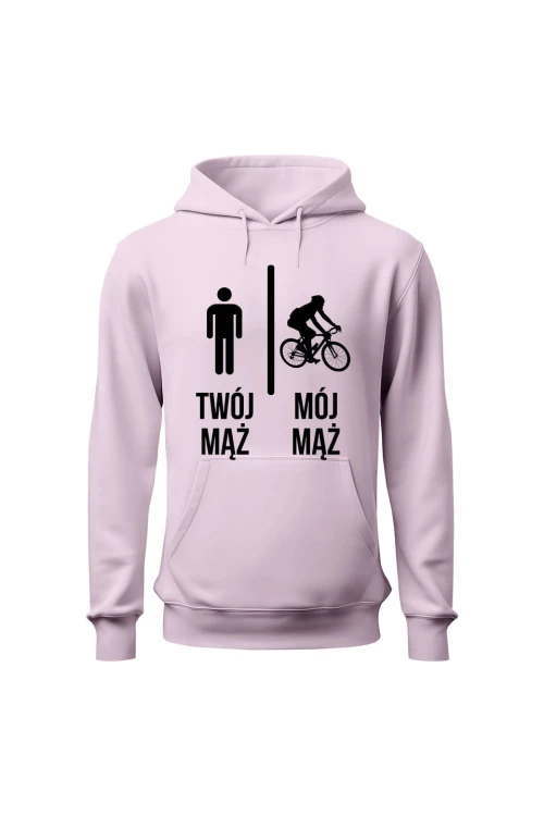 Bluza damska z kapturem Twój mąż vs Mój mąż jazda na rowerze - różowa