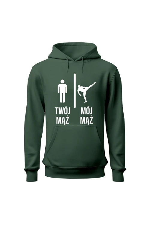 Bluza damska z kapturem Twój mąż vs Mój mąż karate - zielona