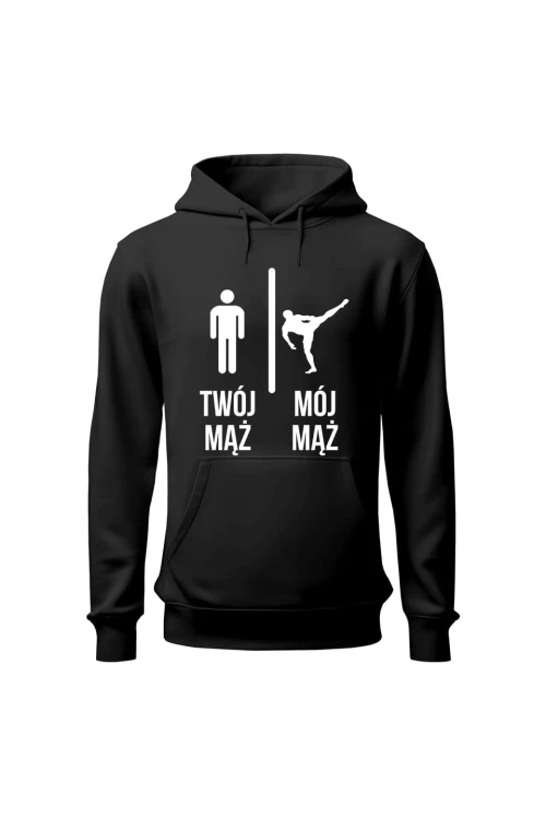 Bluza damska z kapturem Twój mąż vs Mój mąż karate - czarna