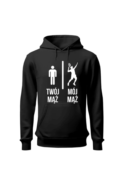 Bluza damska z kapturem Twój mąż vs Mój mąż tenis - czarna