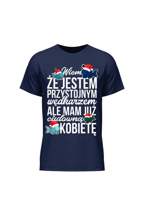 Koszulka męska Świąteczna wersja Wiem że jest przystojnym wędkarz - granatowa