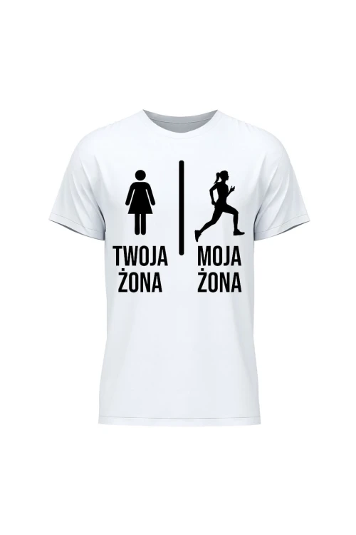 Koszulka męska Twoja żona vs Moja żona Bieganie - biała