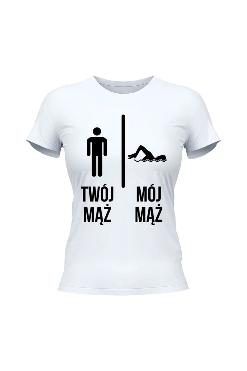 Koszulka damska Twój mąż vs Mój mąż pływanie - biała