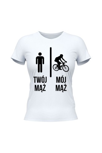 Koszulka damska Twój mąż vs Mój mąż jazda na rowerze - biała
