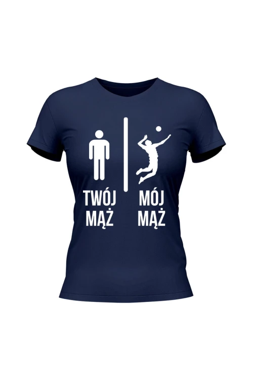 Koszulka damska Twój mąż vs Mój mąż siatkówka - granatowa