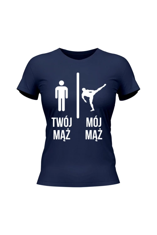 Koszulka damska Twój mąż vs Mój mąż karate - granatowa